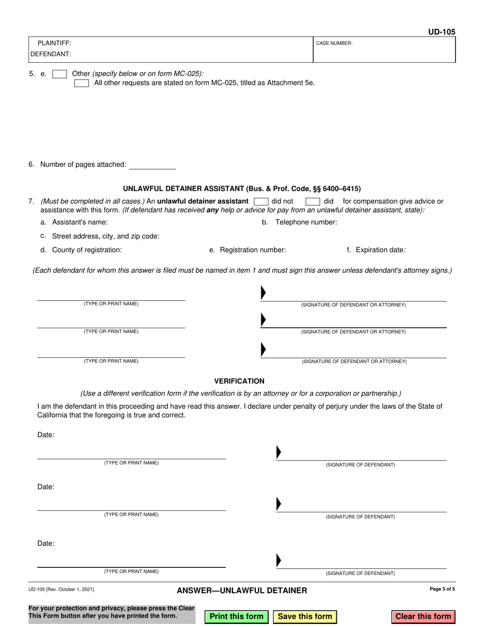 Form UD-105 Answer - Unlawful Detainer - California, Page 5