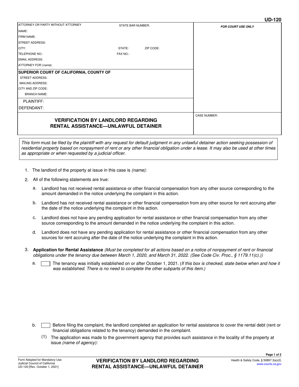 Form UD-120 Verification by Landlord Regarding Rental Assistance - Unlawful Detainer - California, Page 1