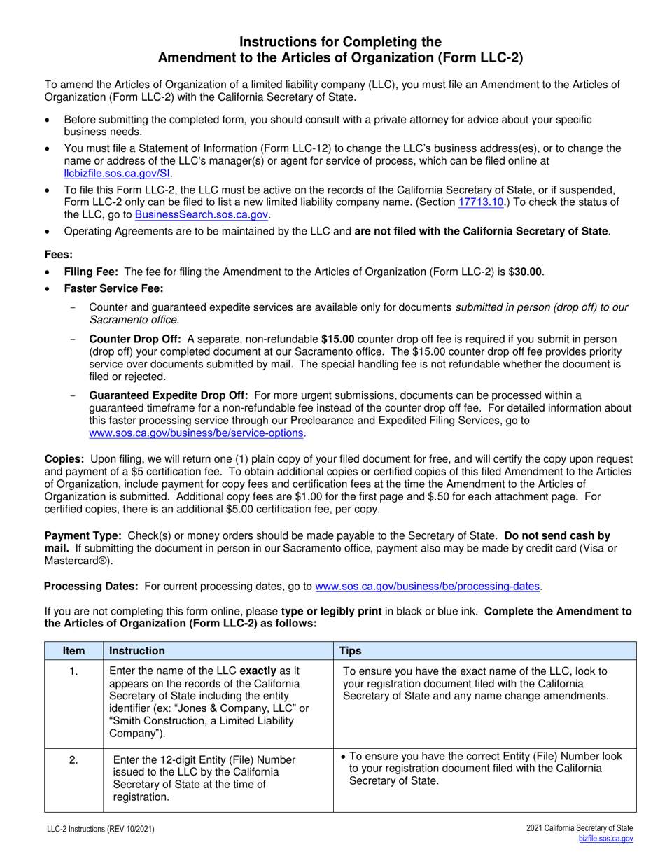 Form LLC-2 Amendment to Articles of Organization of a Limited Liability Company (LLC) - California, Page 2