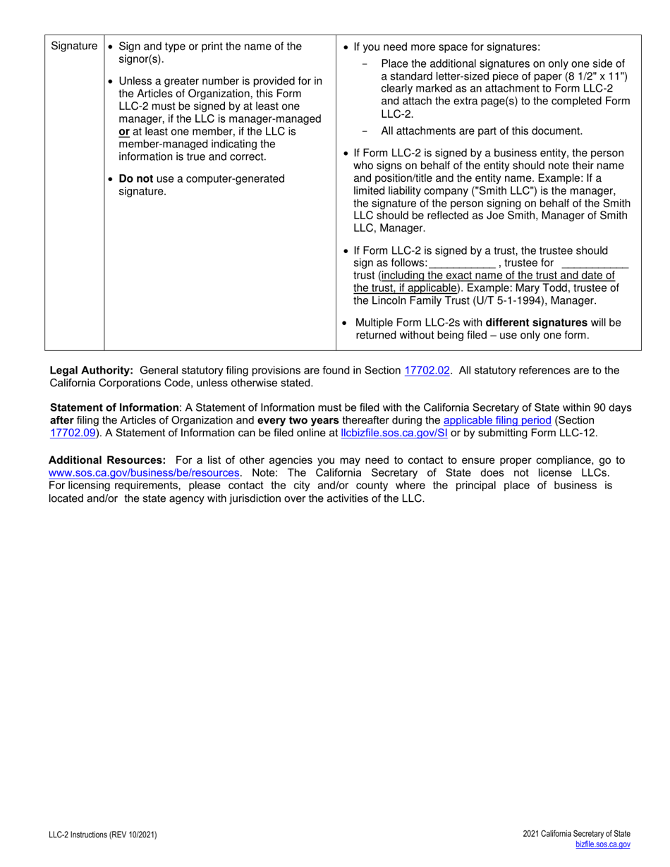 Form LLC-2 Amendment to Articles of Organization of a Limited Liability Company (LLC) - California, Page 4