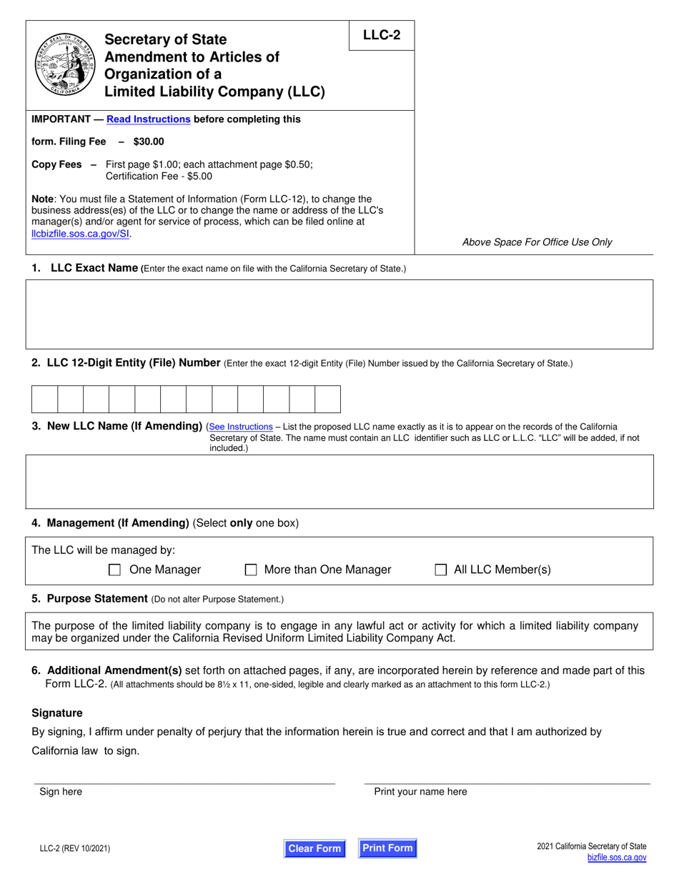 Form LLC-2 Amendment to Articles of Organization of a Limited Liability Company (LLC) - California, Page 5