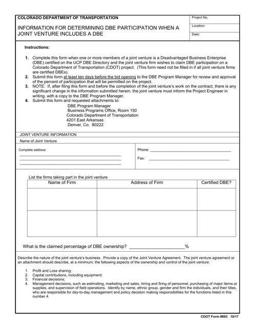 CDOT Form 893 Information for Determining Dbe Participation When a Joint Venture Includes a Dbe - Colorado