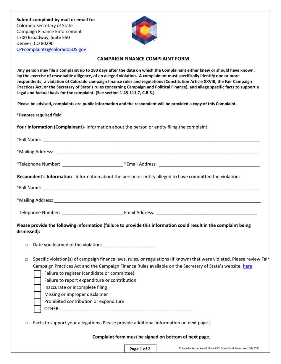 Campaign Finance Complaint Form - Colorado, Page 1