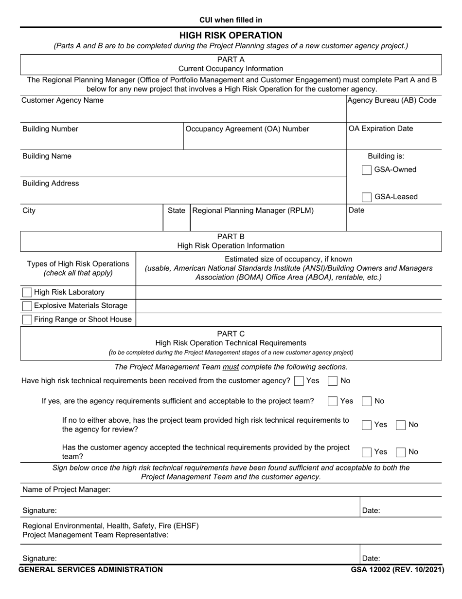 GSA Form 12002 High Risk Operation, Page 1