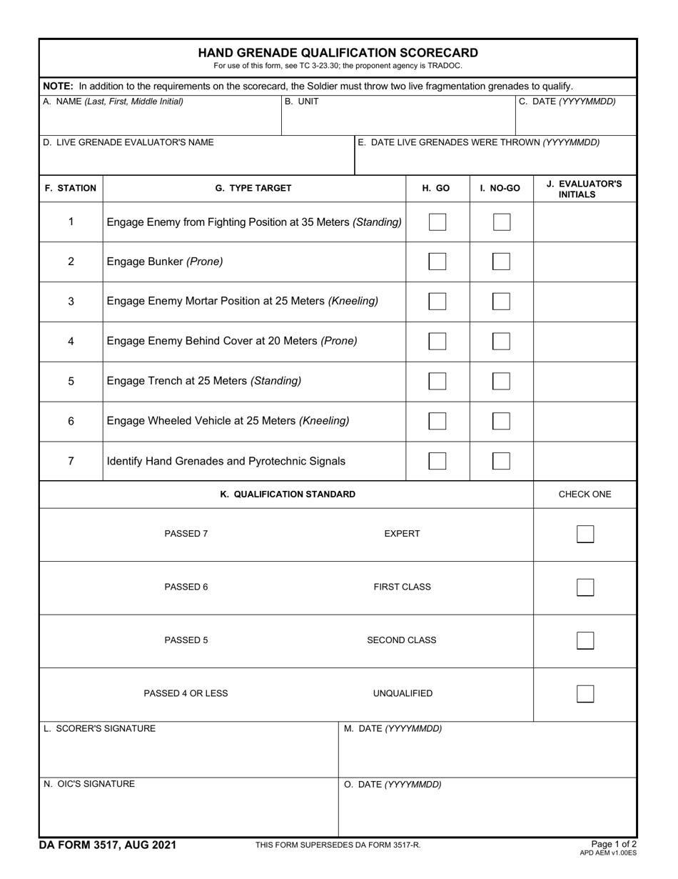 DA Form 3517 Hand Grenade Qualification Scorecard, Page 1