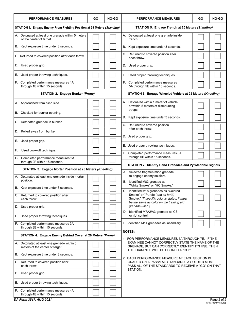 DA Form 3517 Hand Grenade Qualification Scorecard, Page 2