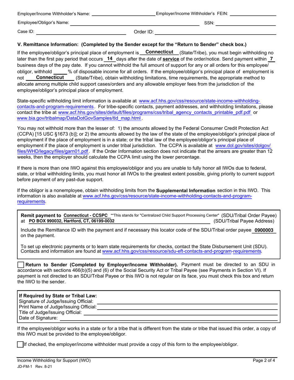 Form JD-FM-1 Income Withholding for Support - Connecticut, Page 2