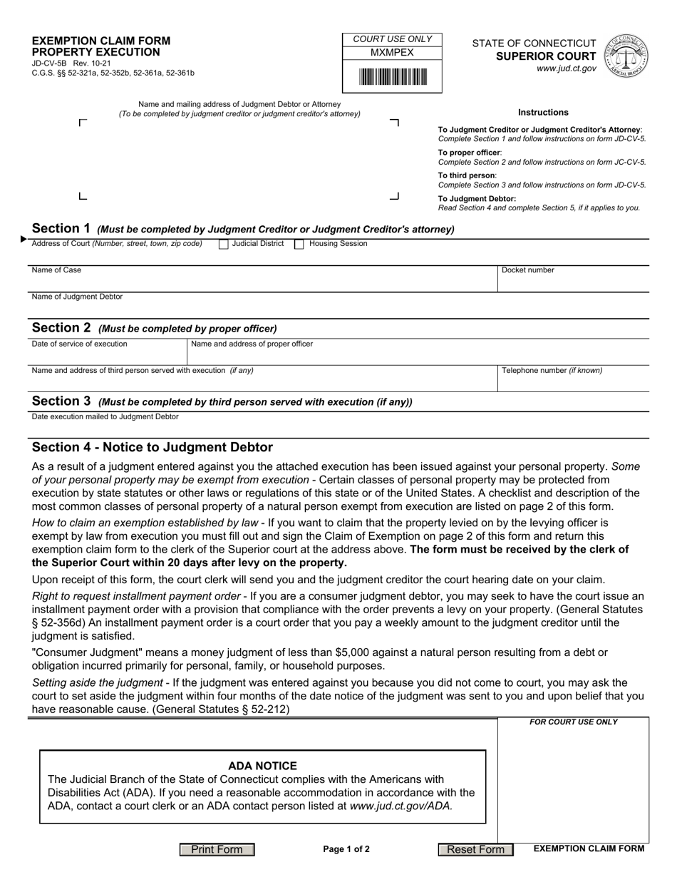 Form JD-CV-5B Exemption Claim Form Property Execution - Connecticut, Page 1
