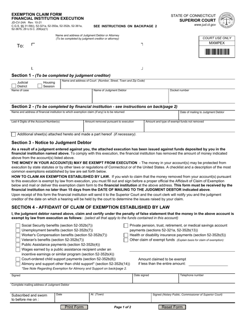 Form JD-CV-24A Exemption Claim Form - Financial Institution Execution - Connecticut
