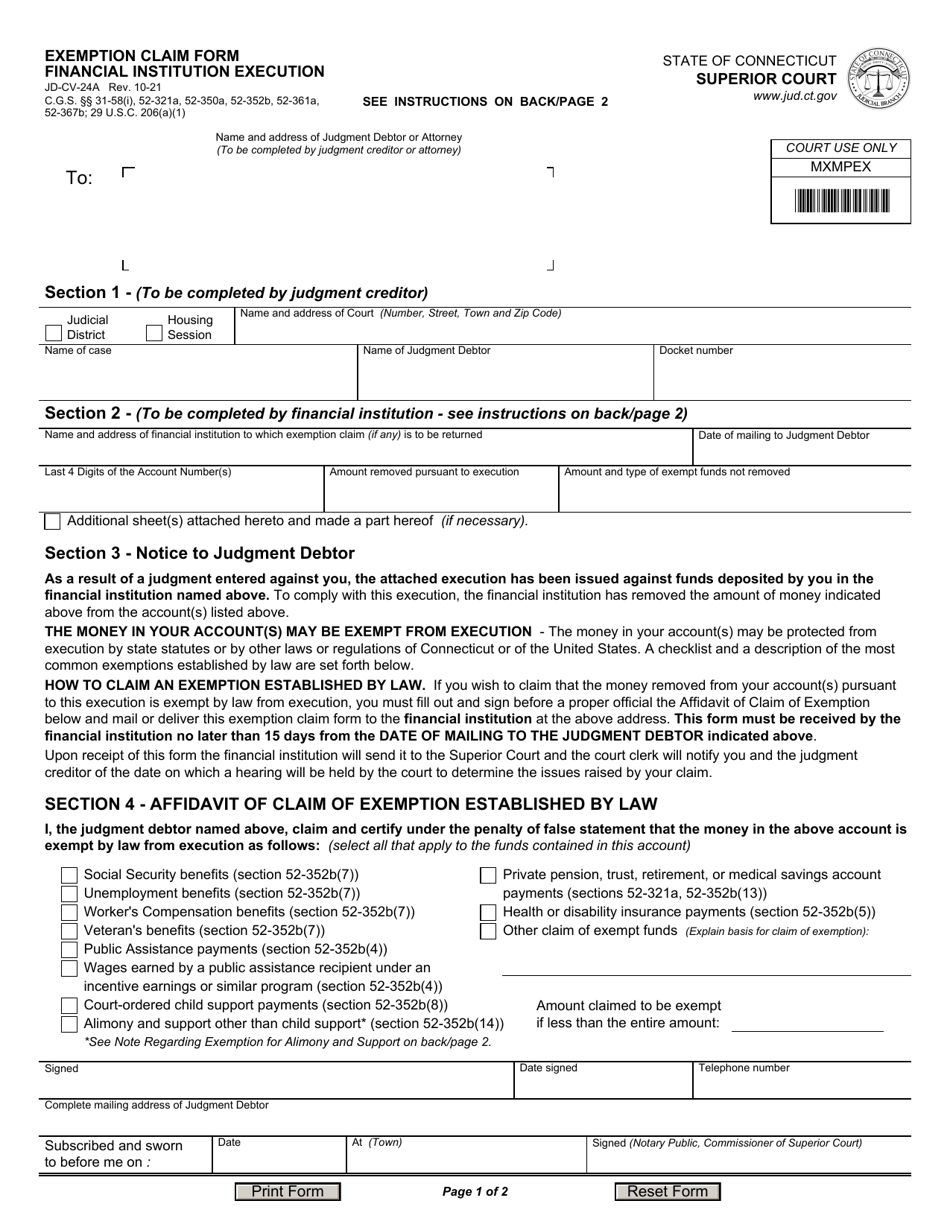 Form JD-CV-24A Exemption Claim Form - Financial Institution Execution - Connecticut, Page 1