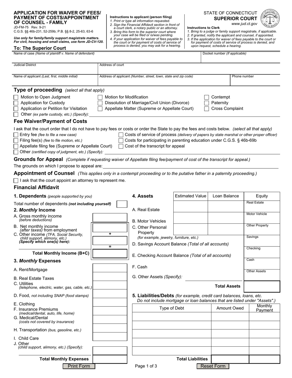 Form JD-FM-75 Application for Waiver of Fees / Payment of Costs / Appointment of Counsel - Family - Connecticut, Page 1