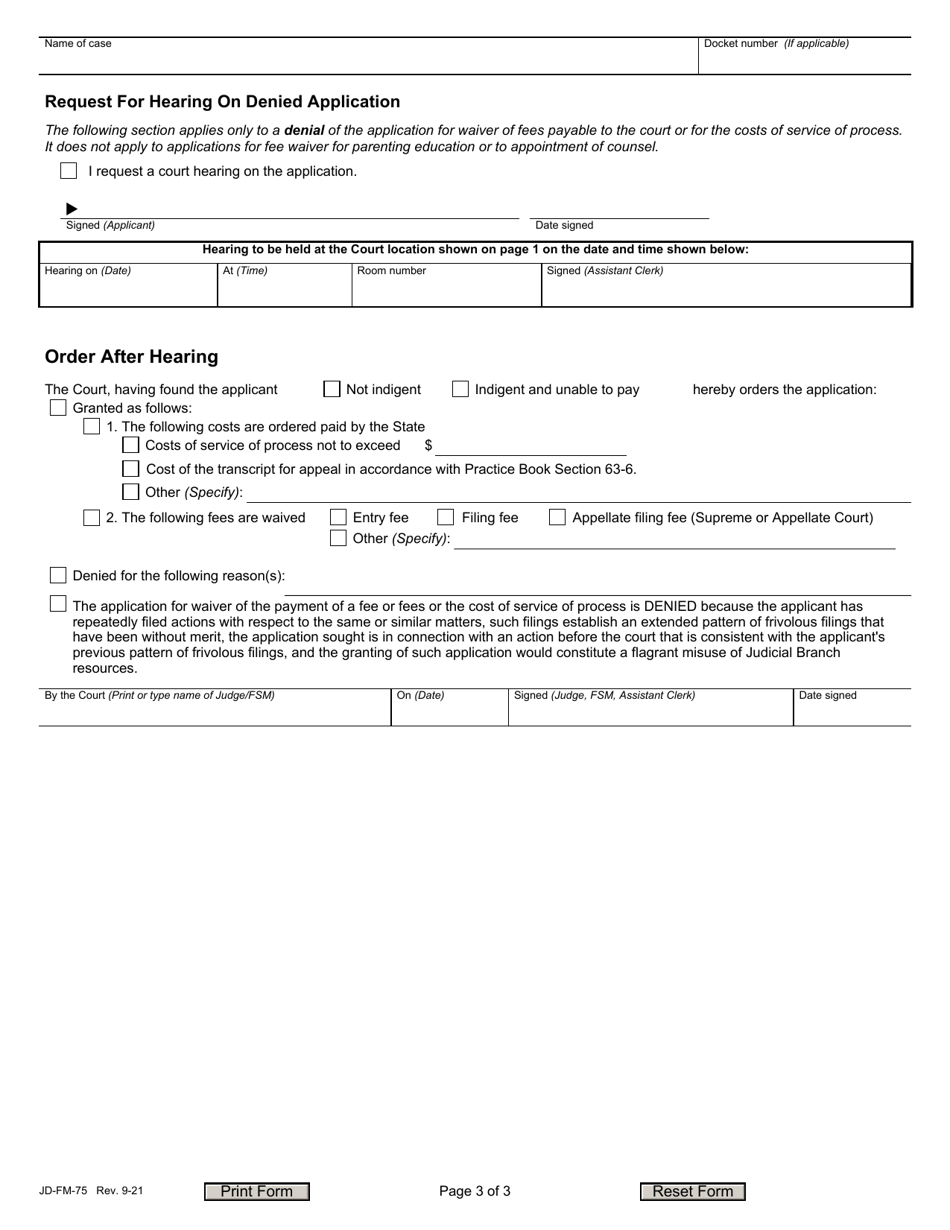 Form JD-FM-75 Application for Waiver of Fees / Payment of Costs / Appointment of Counsel - Family - Connecticut, Page 3