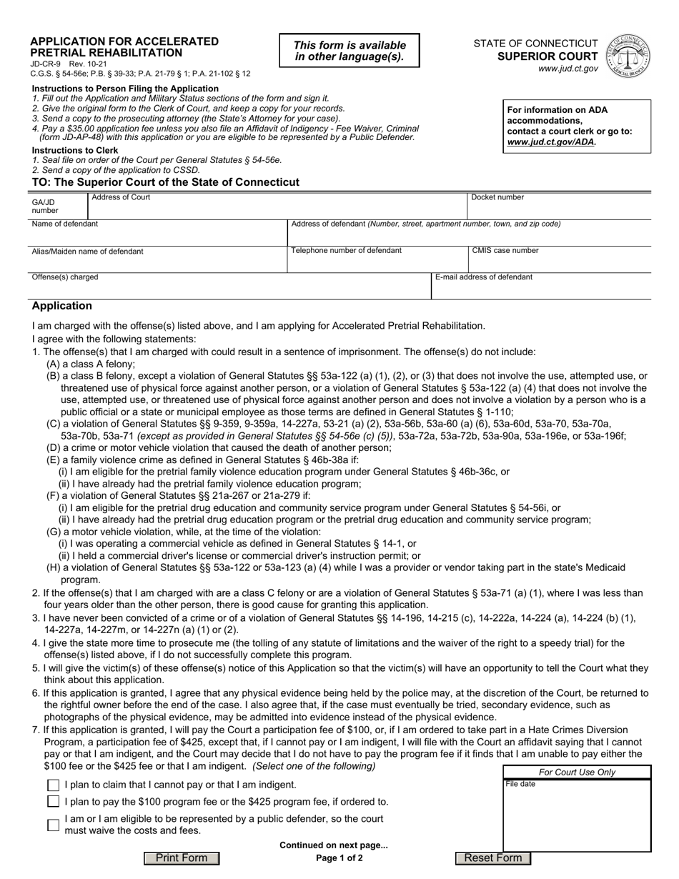 Form JD-CR-9 Application for Accelerated Pretrial Rehabilitation - Connecticut, Page 1