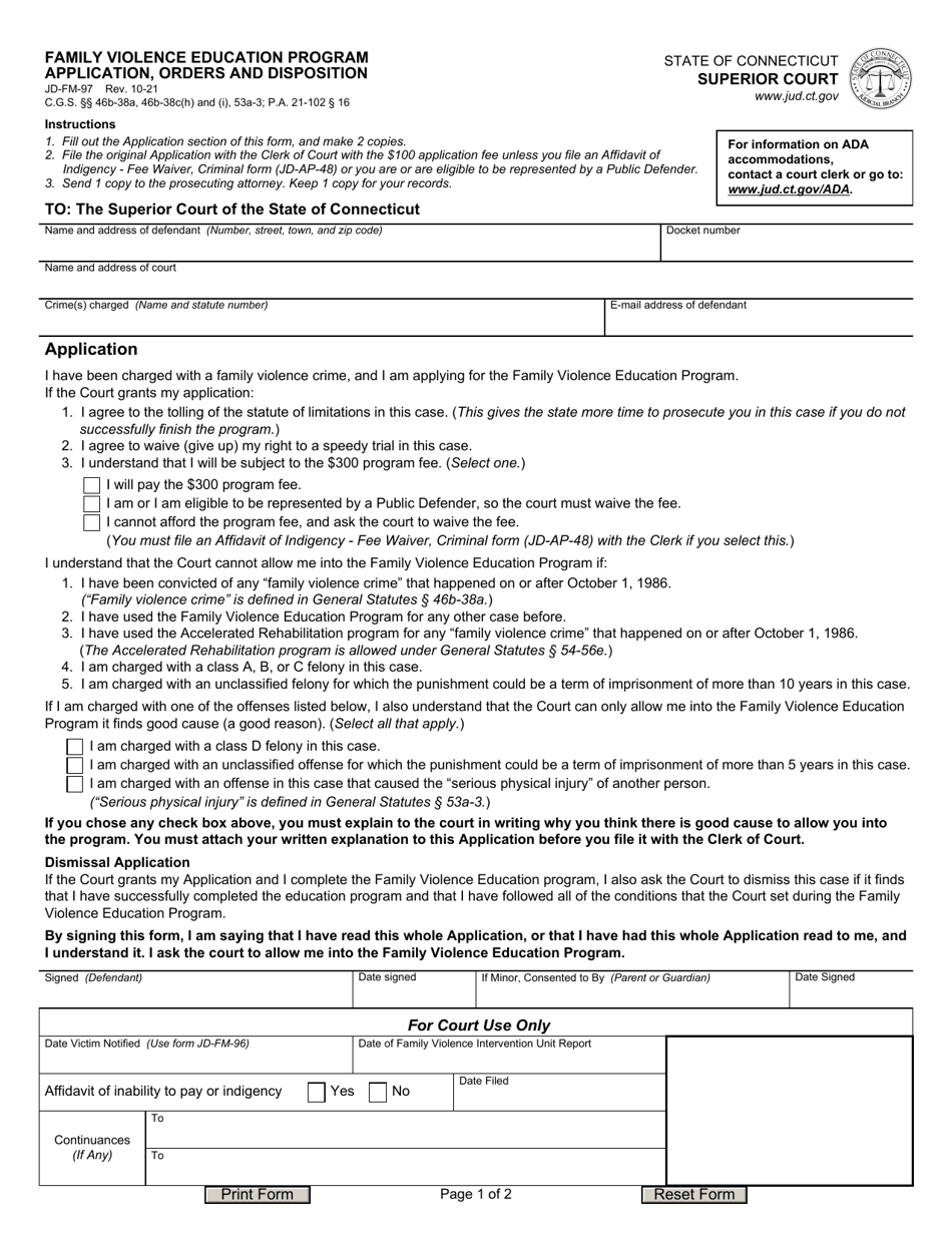 Form JD-FM-97 Family Violence Education Program Application, Orders and Disposition - Connecticut, Page 1