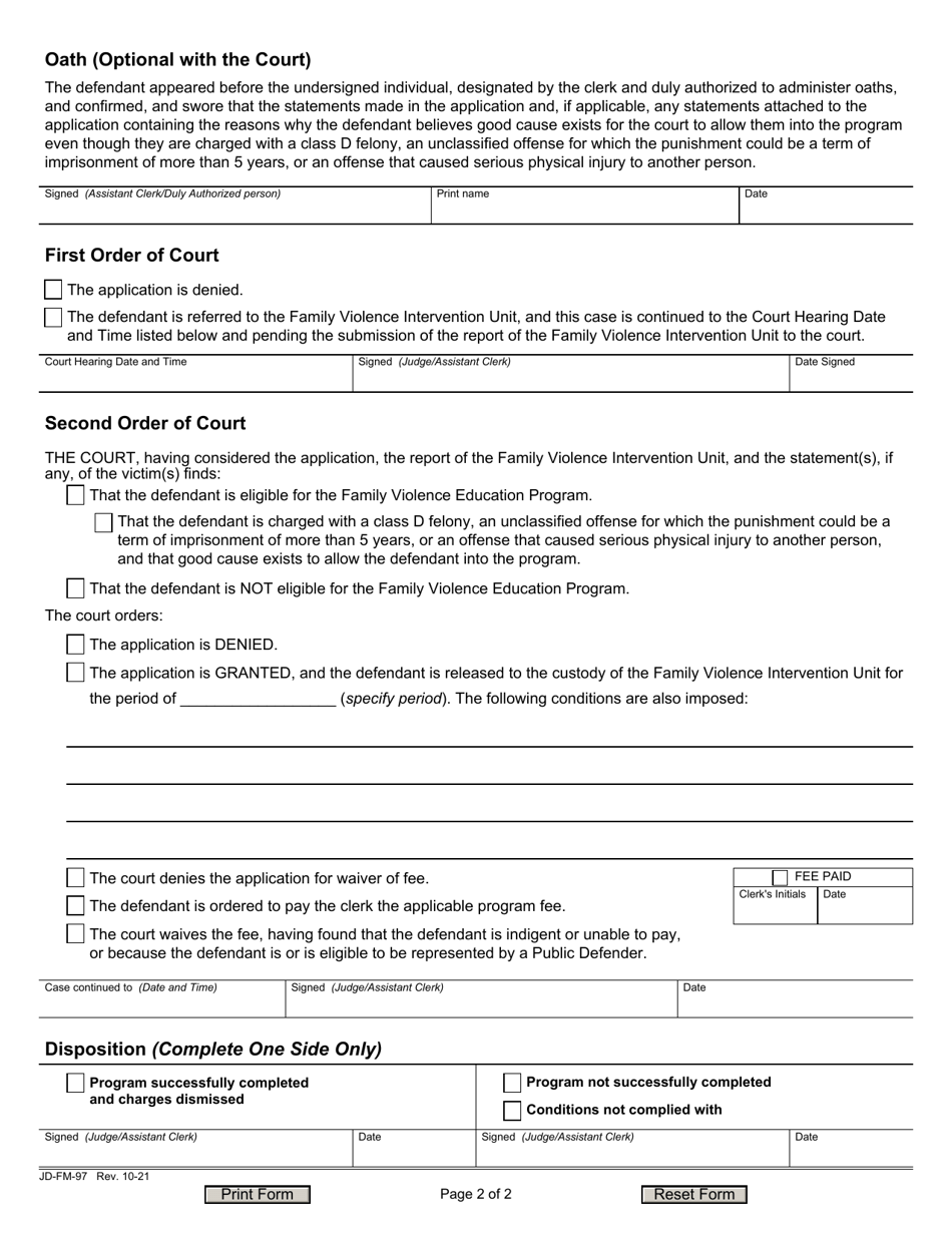 Form JD-FM-97 Family Violence Education Program Application, Orders and Disposition - Connecticut, Page 2
