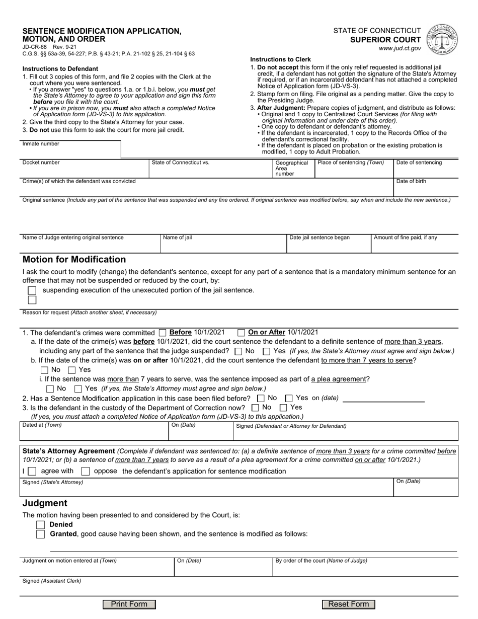 Form JD-CR-68 Sentence Modification Application, Motion, and Order - Connecticut, Page 1