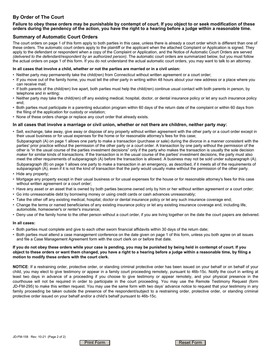 Form JD-FM-158 Notice of Automatic Court Orders - Connecticut, Page 2