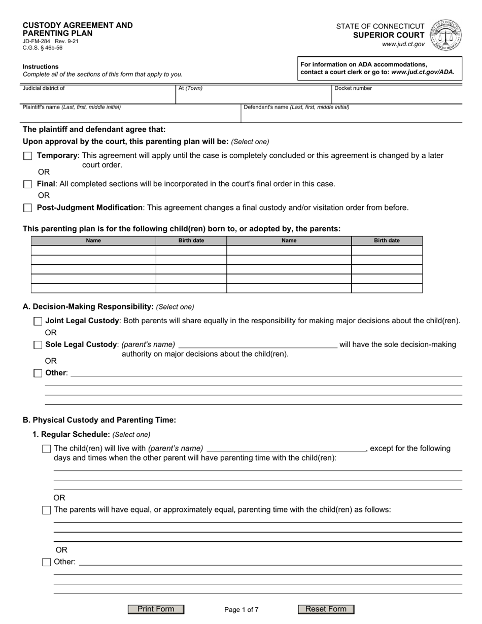 Form JD-FM-284 Custody Agreement and Parenting Plan - Connecticut, Page 1