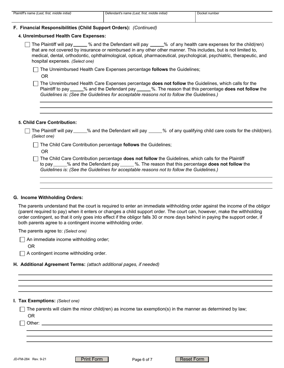 Form JD-FM-284 Custody Agreement and Parenting Plan - Connecticut, Page 6