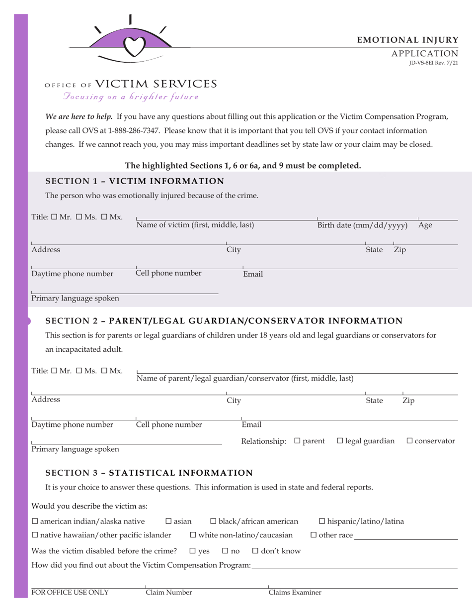 Form JD-VS-8EI Emotional Injury - Application - Connecticut, Page 1