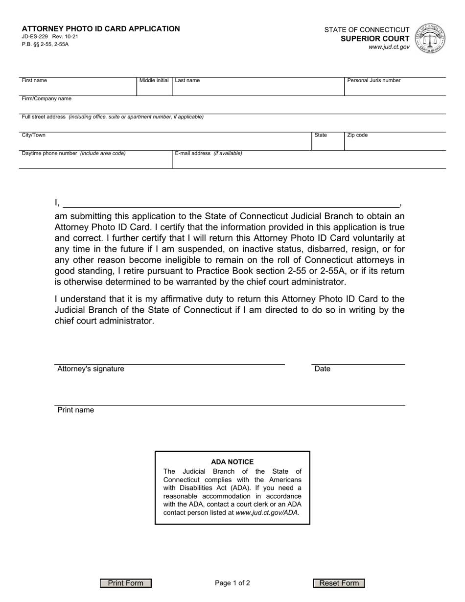 Form JD-ES-229 Attorney Photo Id Card Application - Connecticut, Page 1