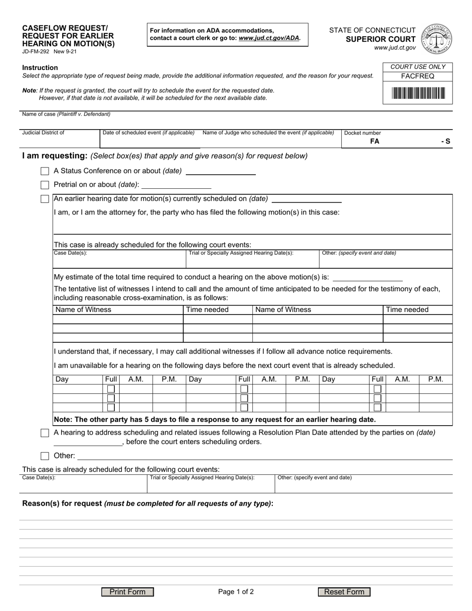 Form JD-FM-292 Caseflow Request / Request for Earlier Hearing on Motion(S) - Connecticut, Page 1