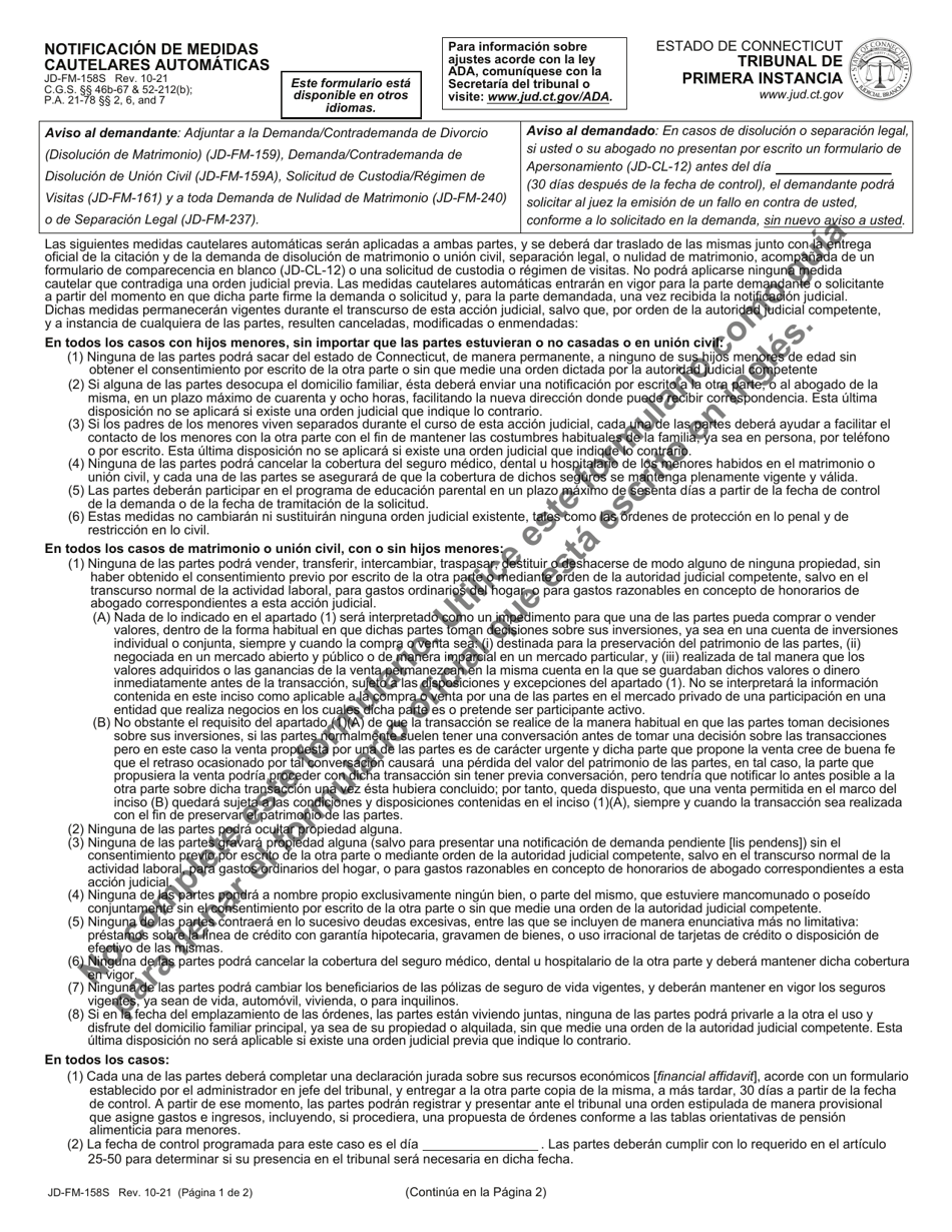 Formulario JD-FM-158S Download Printable PDF or Fill Online Notificacion De  Medidas Cautelares Automaticas Connecticut (Spanish) | Templateroller