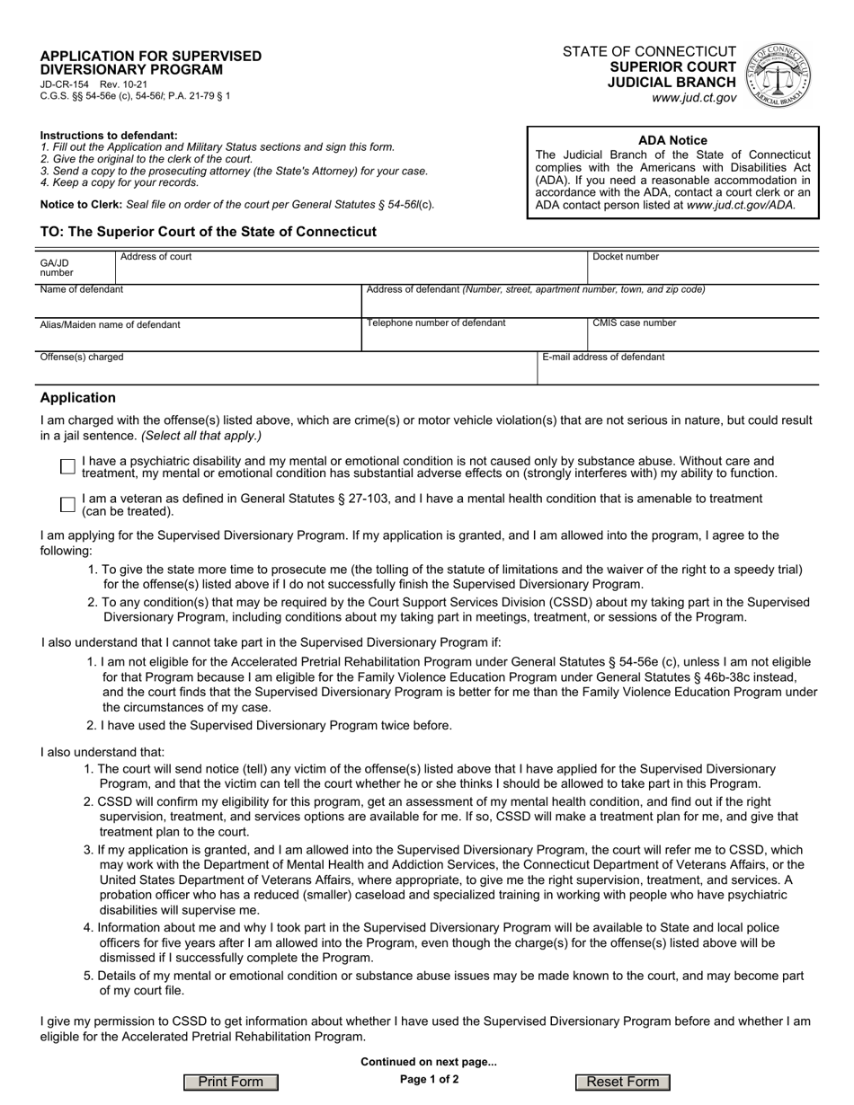 Form JD-CR-154 Application for Supervised Diversionary Program - Connecticut, Page 1