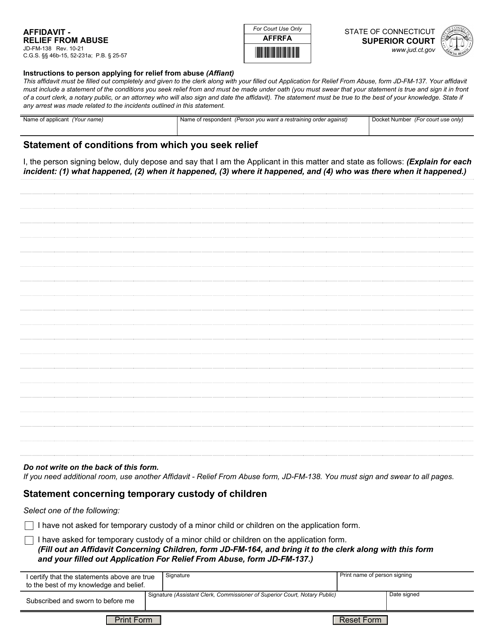 Form JD-FM-138 Affidavit - Relief From Abuse - Connecticut