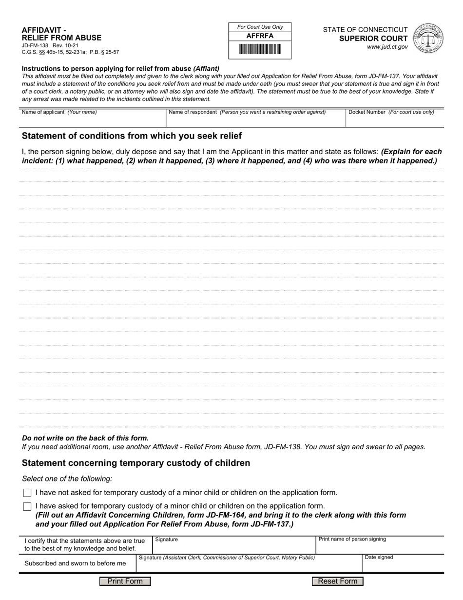 Form JD-FM-138 Affidavit - Relief From Abuse - Connecticut, Page 1