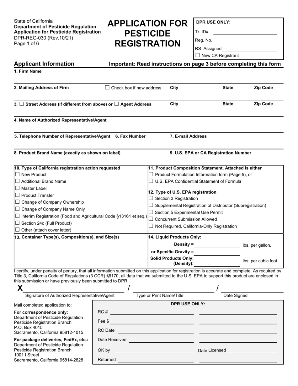 Form DPR-REG-030 Application for Pesticide Registration - California, Page 1