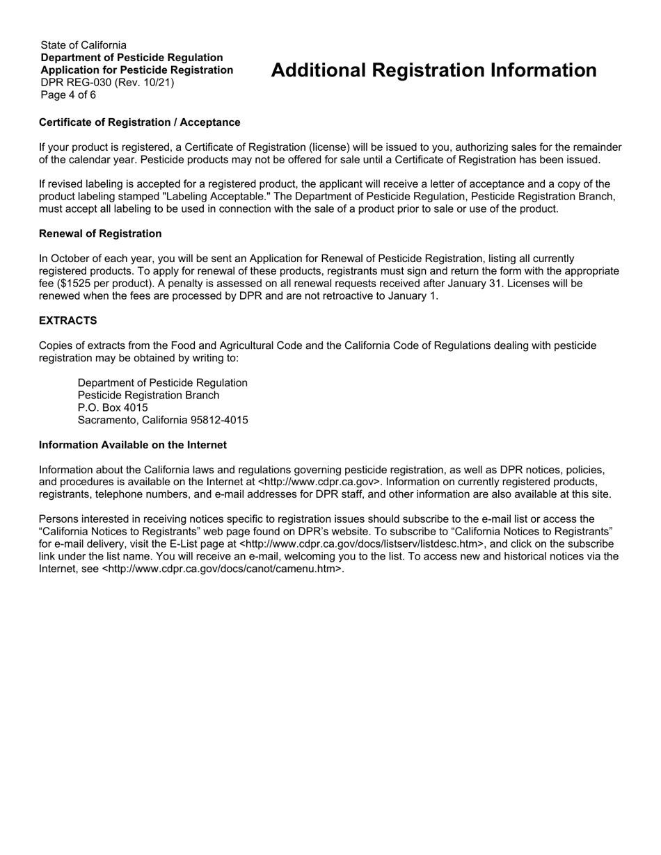 Form DPR-REG-030 Application for Pesticide Registration - California, Page 4