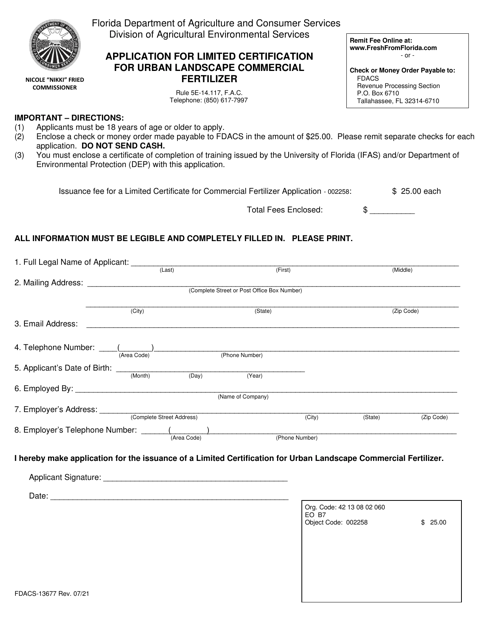 Form FDACS-13677 Application for Limited Certification for Urban Landscape Commercial Fertilizer - Arizona