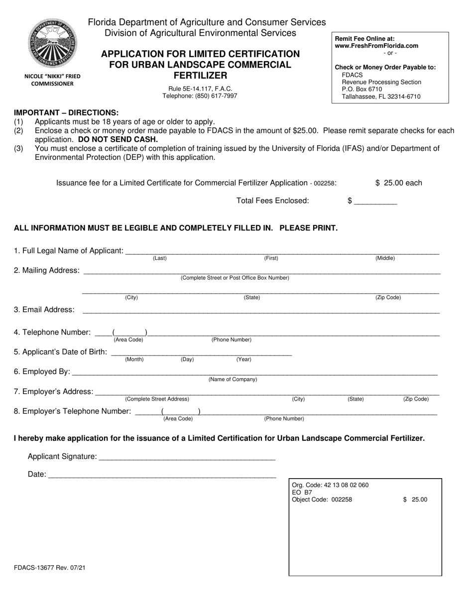 Form FDACS-13677 Application for Limited Certification for Urban Landscape Commercial Fertilizer - Arizona, Page 1