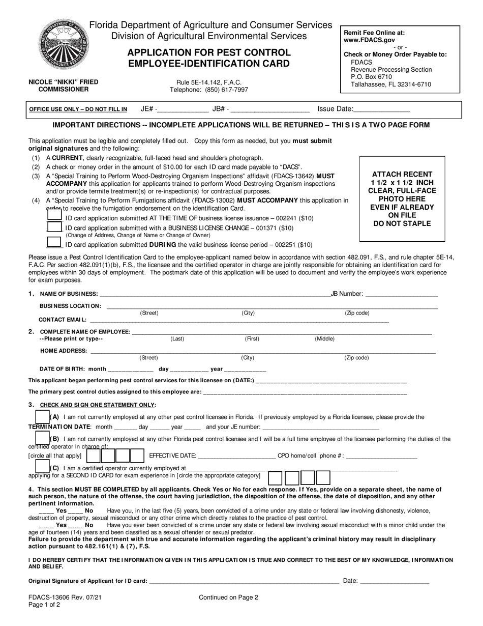 Form FDACS-13606 Application for Pest Control Employee-Identification Card - Florida, Page 1