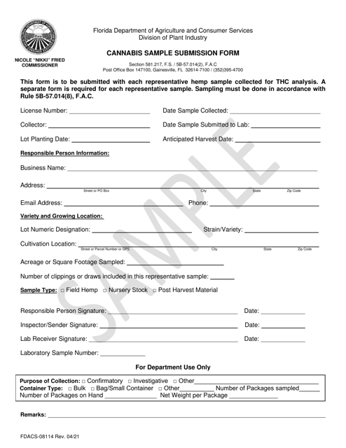 Form FDACS-08114 Cannabis Sample Submission Form - Florida