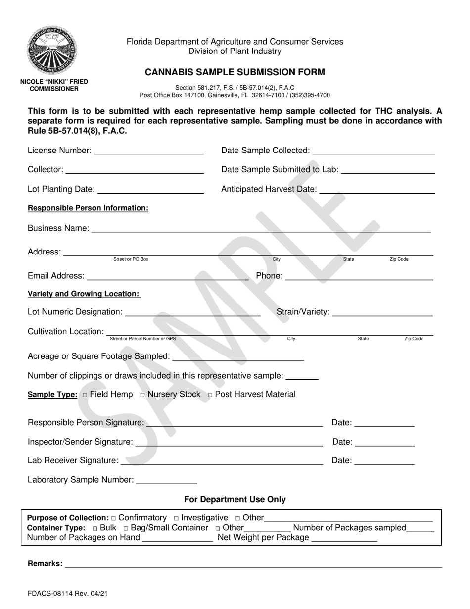 Form FDACS-08114 Cannabis Sample Submission Form - Florida, Page 1