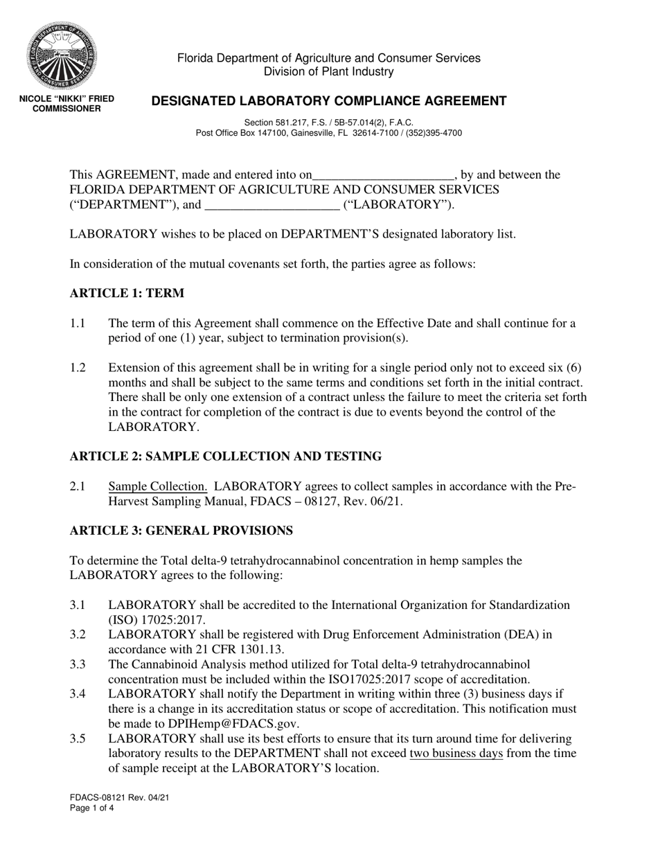 Form FDACS-08121 Designated Laboratory Compliance Agreement - Florida, Page 1