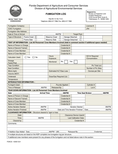 Form FDACS-13000 Fumigation Log - Florida