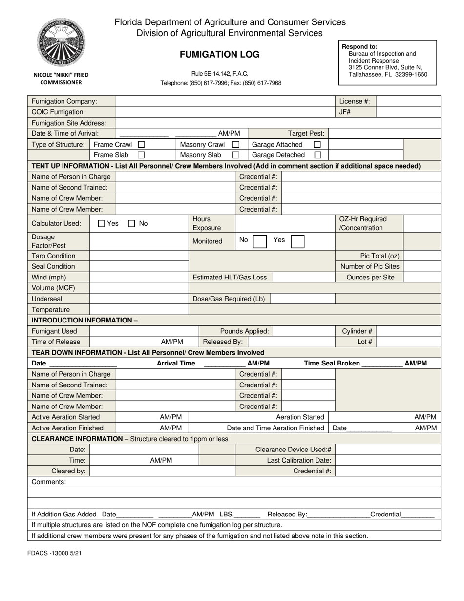 Form FDACS-13000 Fumigation Log - Florida, Page 1