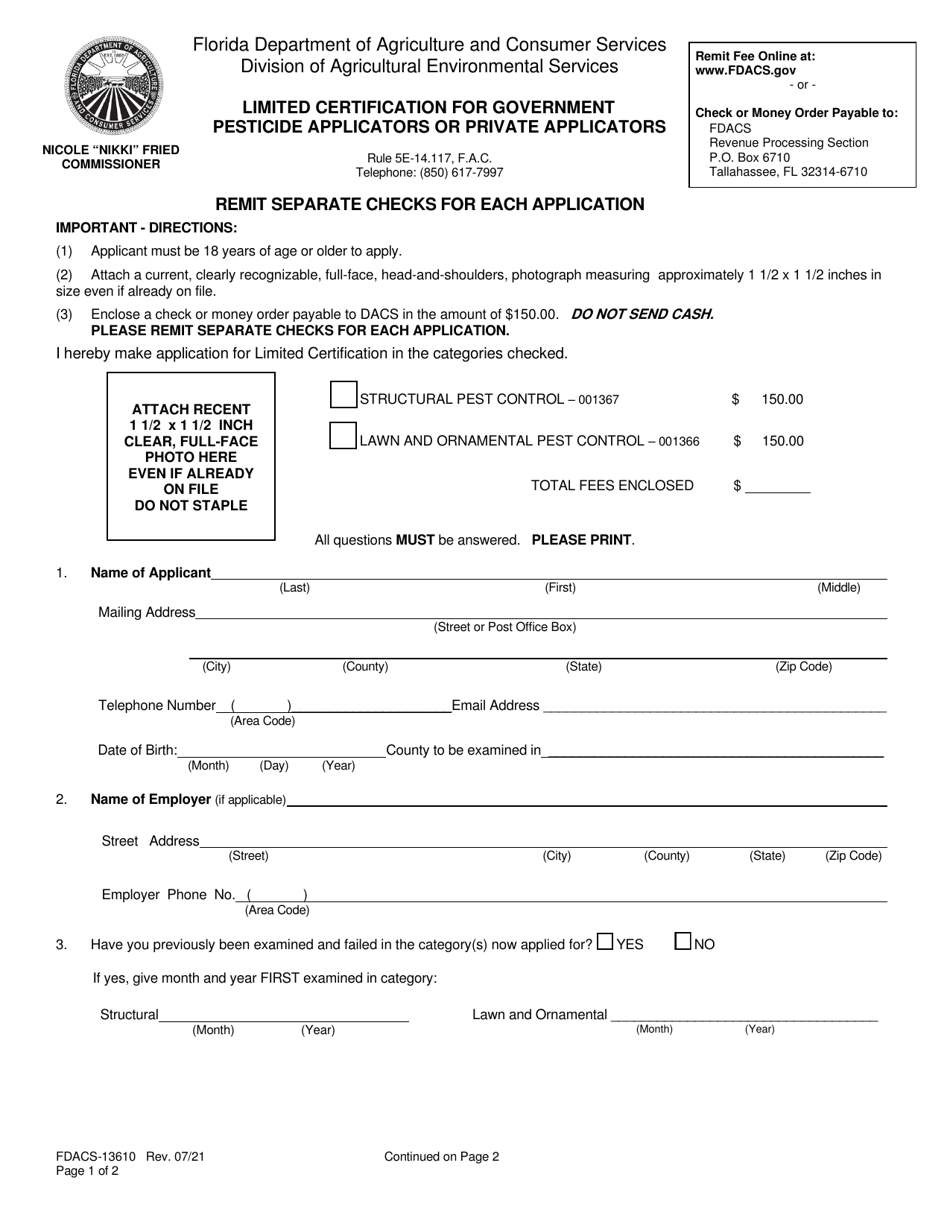 Form FDACS-13610 Limited Certification for Government Pesticide Applicators or Private Applicators - Florida, Page 1