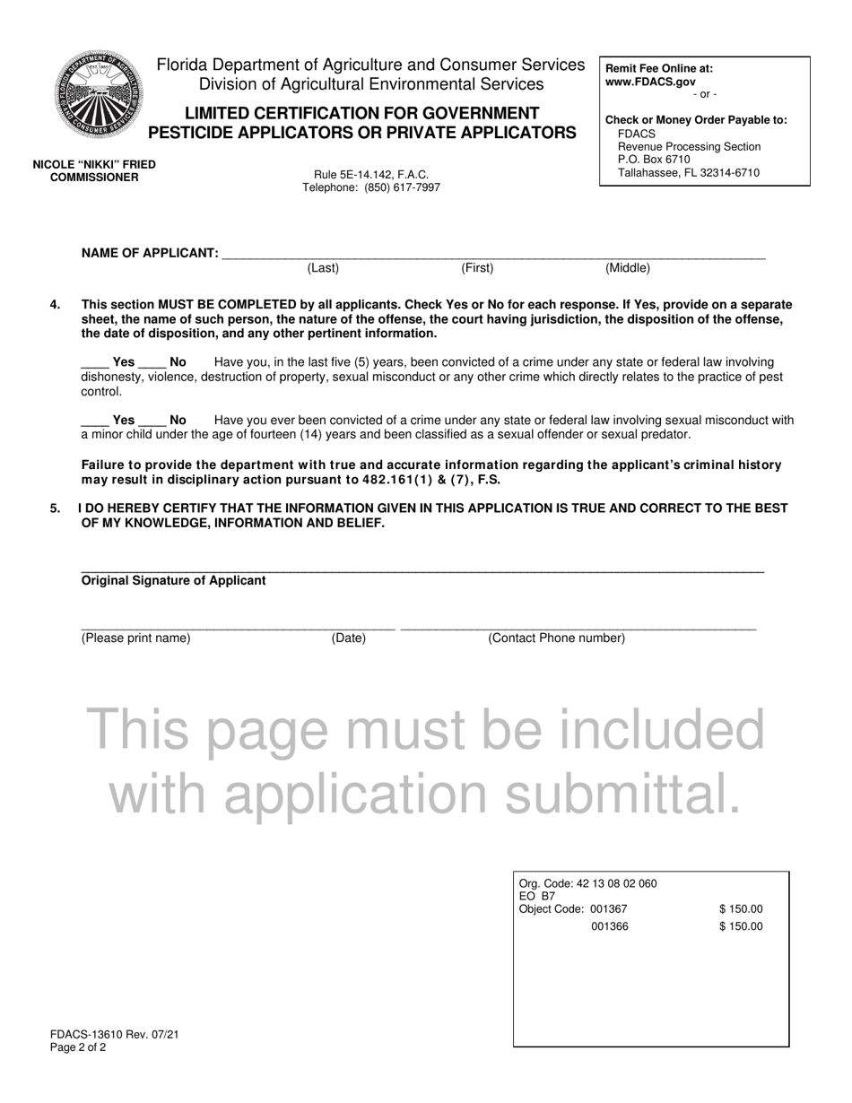 Form FDACS-13610 Download Fillable PDF or Fill Online Limited ...