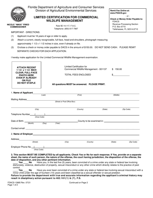Form FDACS-13685  Printable Pdf