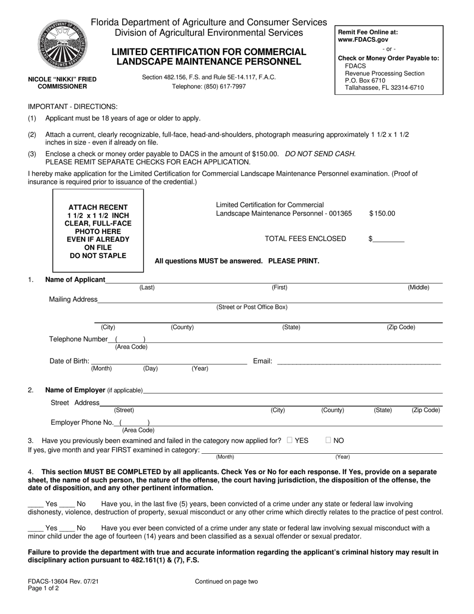 Form FDACS-13604 Limited Certification for Commercial Landscape Maintenance Personnel - Florida, Page 1
