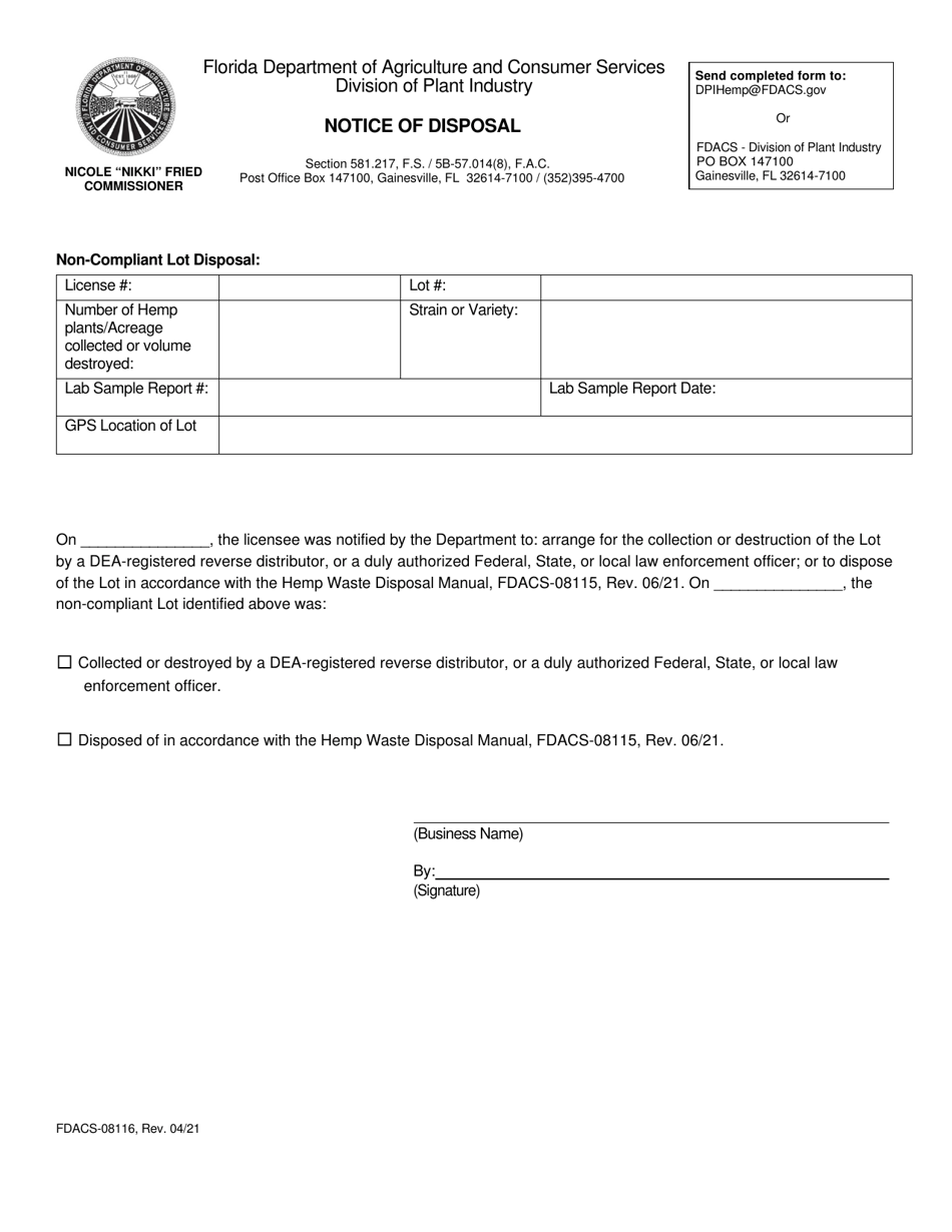 Form FDACS-08116 Notice of Disposal - Florida, Page 1