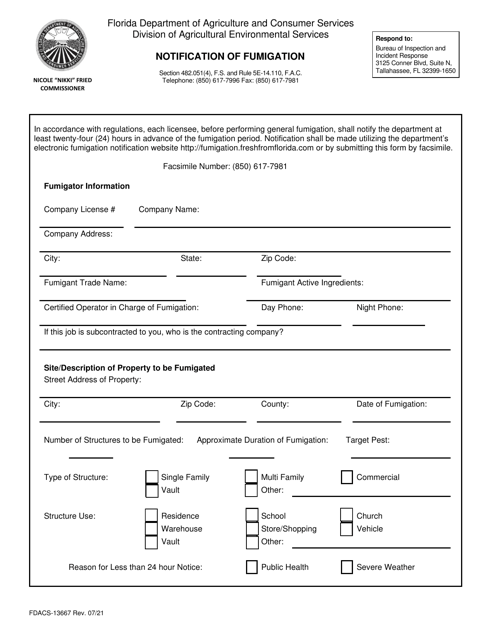 Form FDACS-13667 Notification of Fumigation - Florida