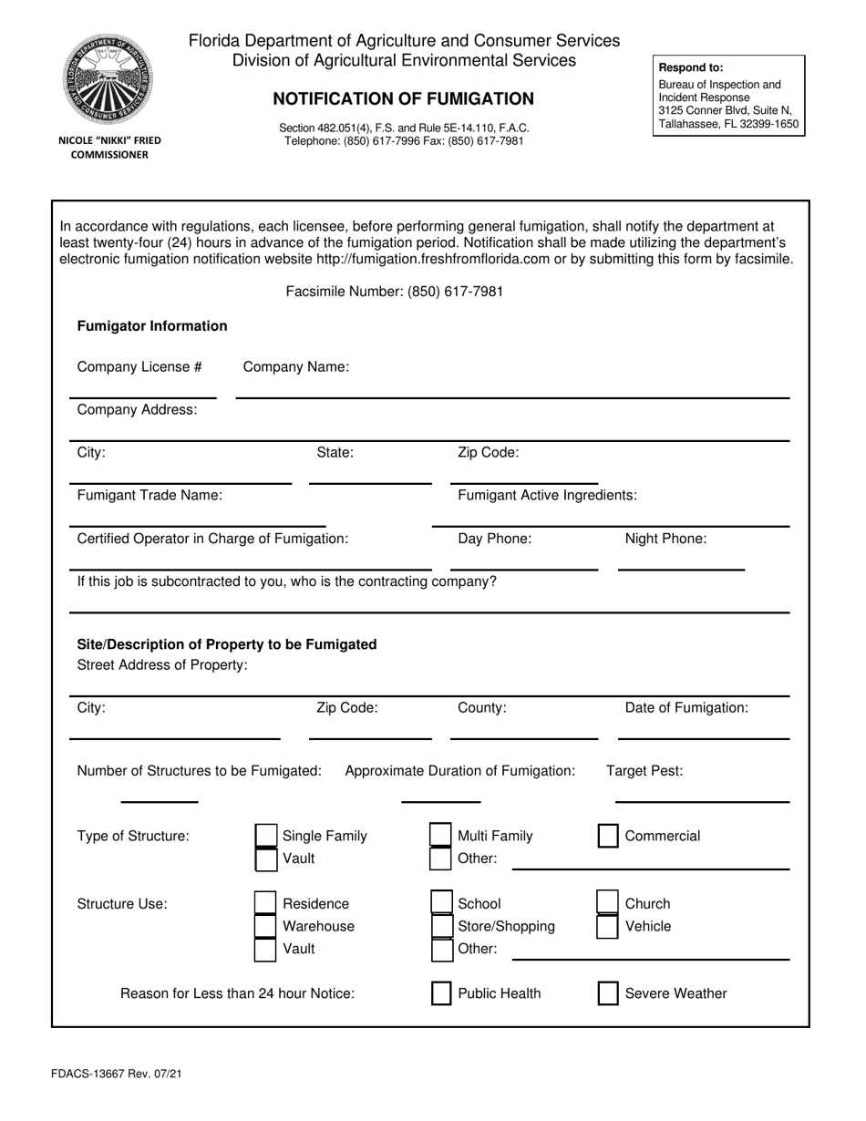 Form FDACS-13667 Notification of Fumigation - Florida, Page 1