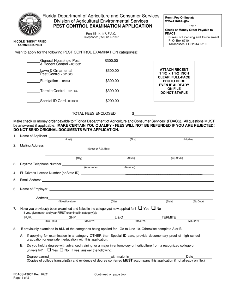 Form FDACS-13607 Pest Control Examination Application - Florida, Page 1