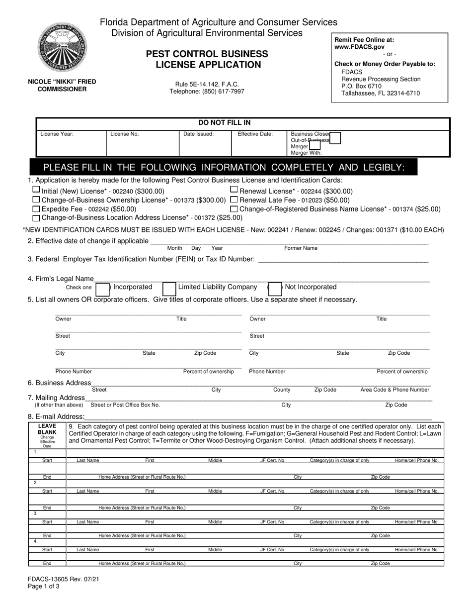 Form FDACS-13605 Pest Control Business License Application - Florida, Page 1