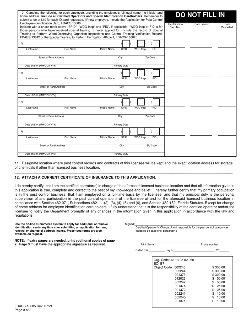 Form FDACS-13605 Pest Control Business License Application - Florida, Page 3